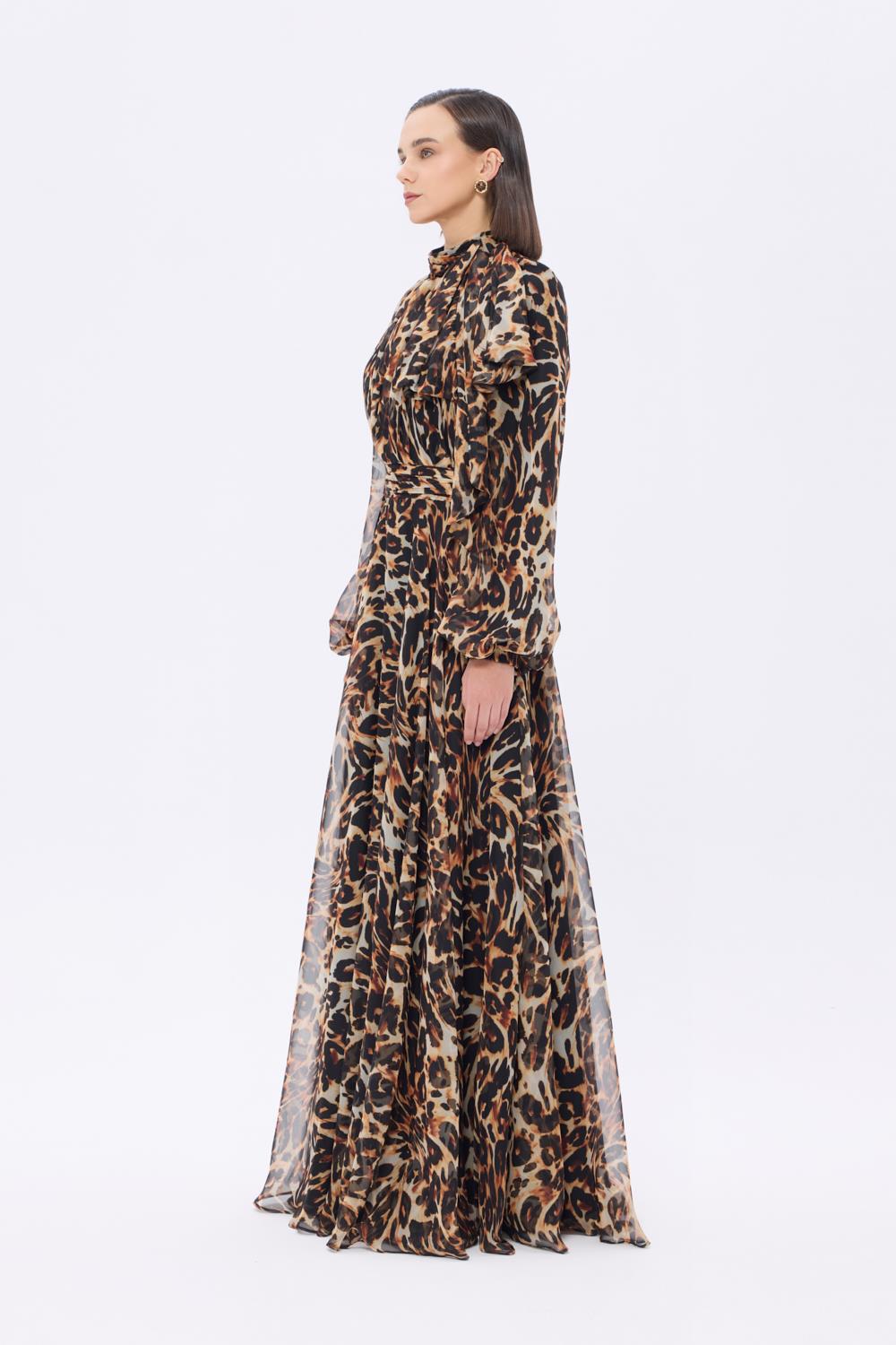 Balon Kollu Leopar Desenli Şifon Uzun Abiye Elbise - 9267C - LEOPAR