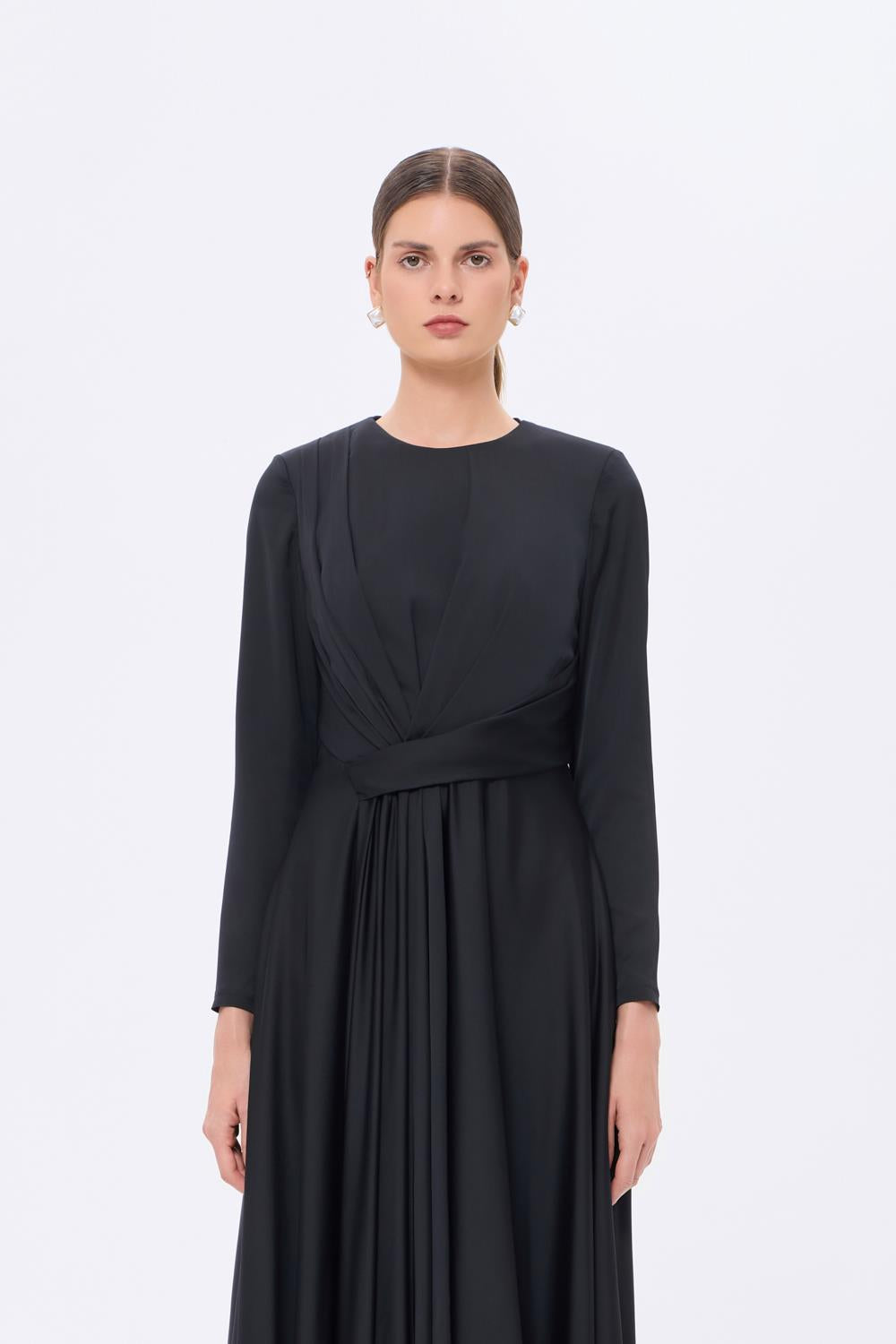 Bel Drape Detaylı Uzun Kollu Uzun Abiye Elbise - 9208C - SİYAH
