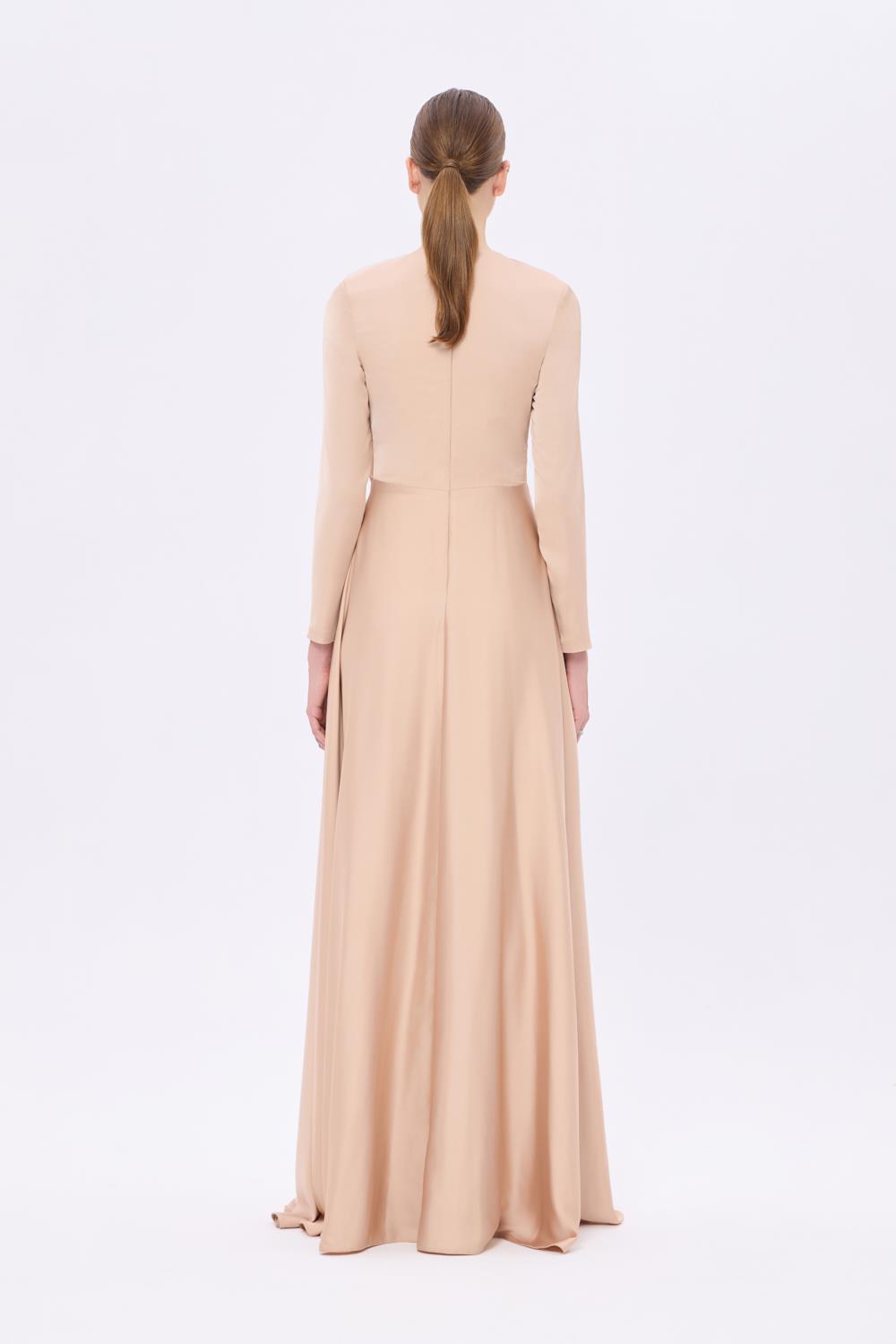 Bel Drape Detaylı Uzun Kollu Uzun Abiye Elbise - 9208C - Şampanya