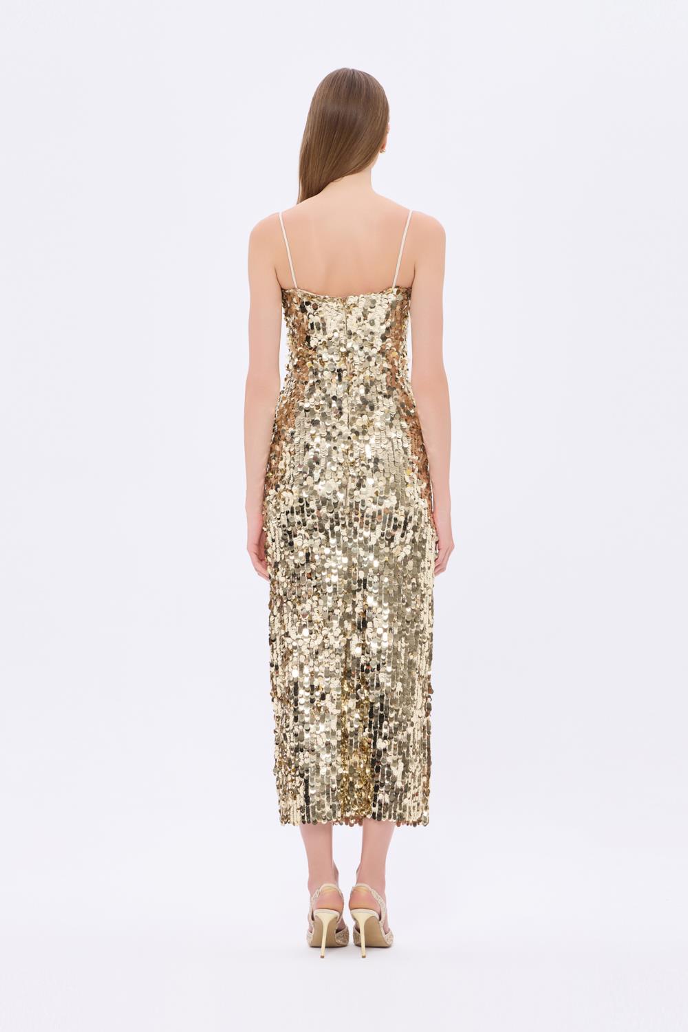 Askılı Yırtmaçlı Payet Midi Abiye Elbise - 9276C - GOLD