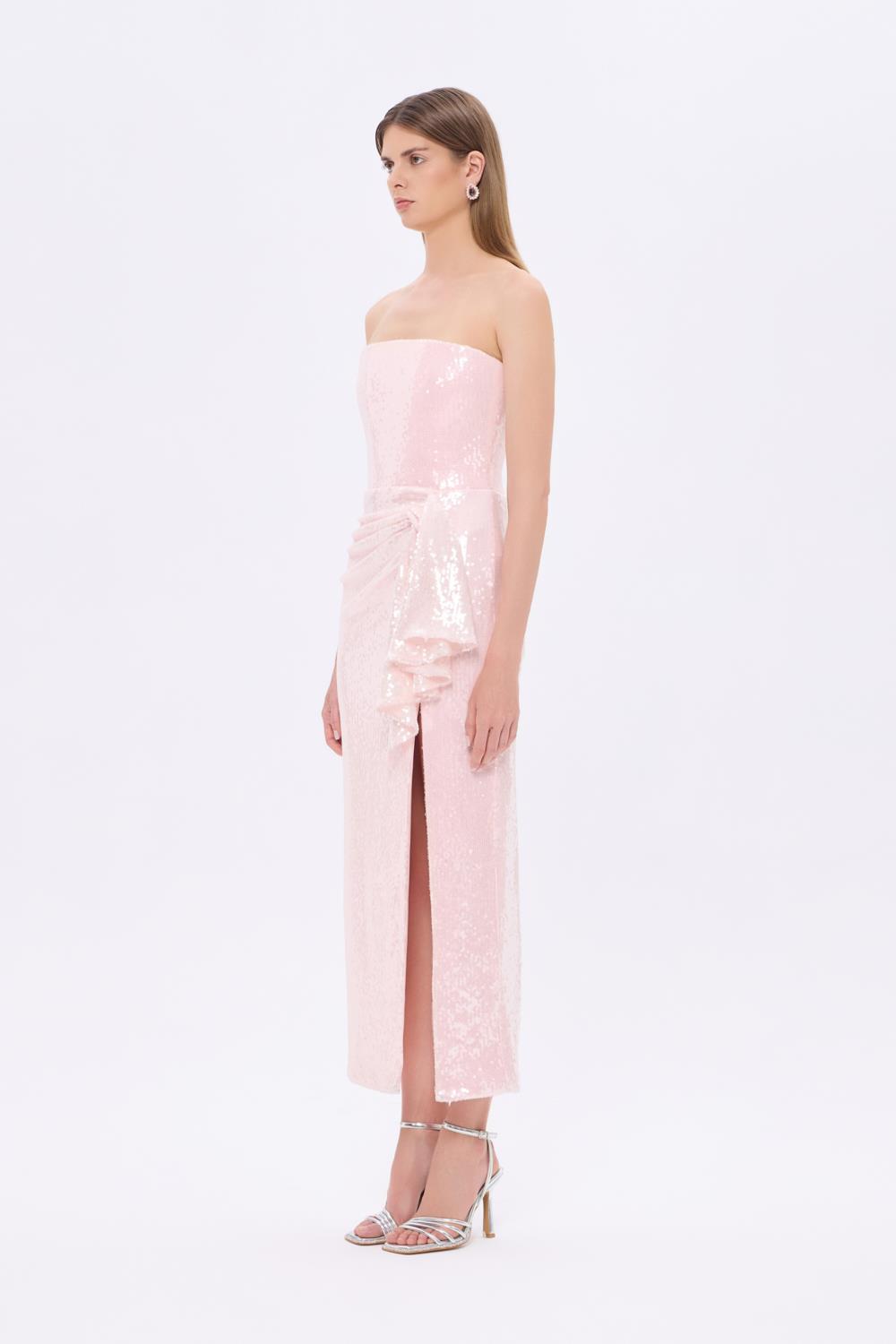 Bel Drape Detaylı Straplez Midi Abiye Elbise - 9295C - PUDRA