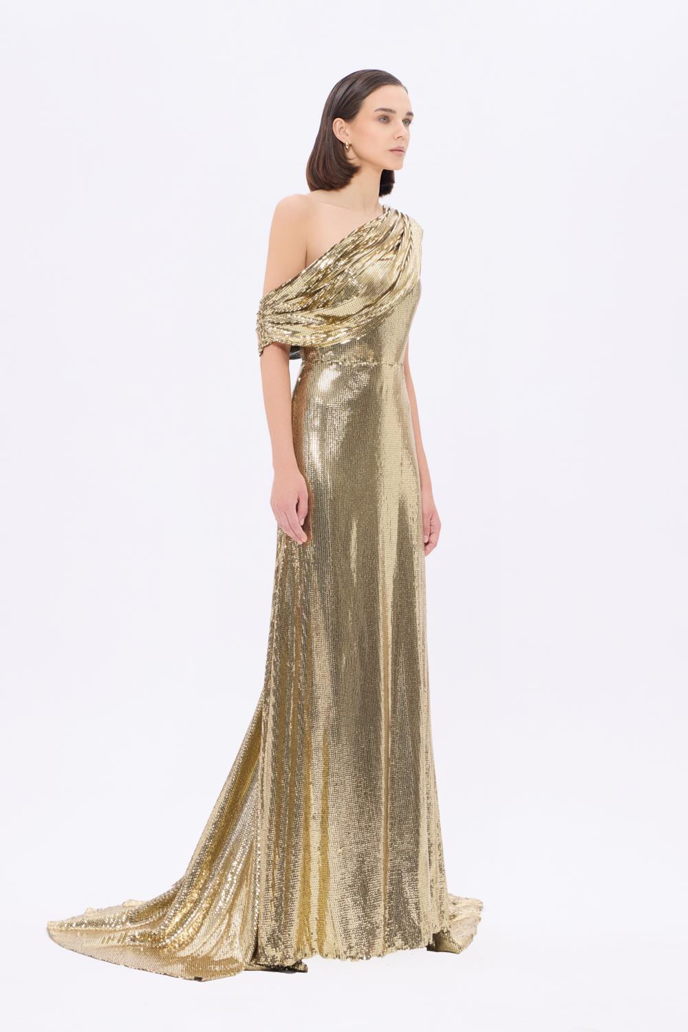 Asimetrik Yaka Payetli Uzun Abiye Elbise - 9305C - Yeşil Gold