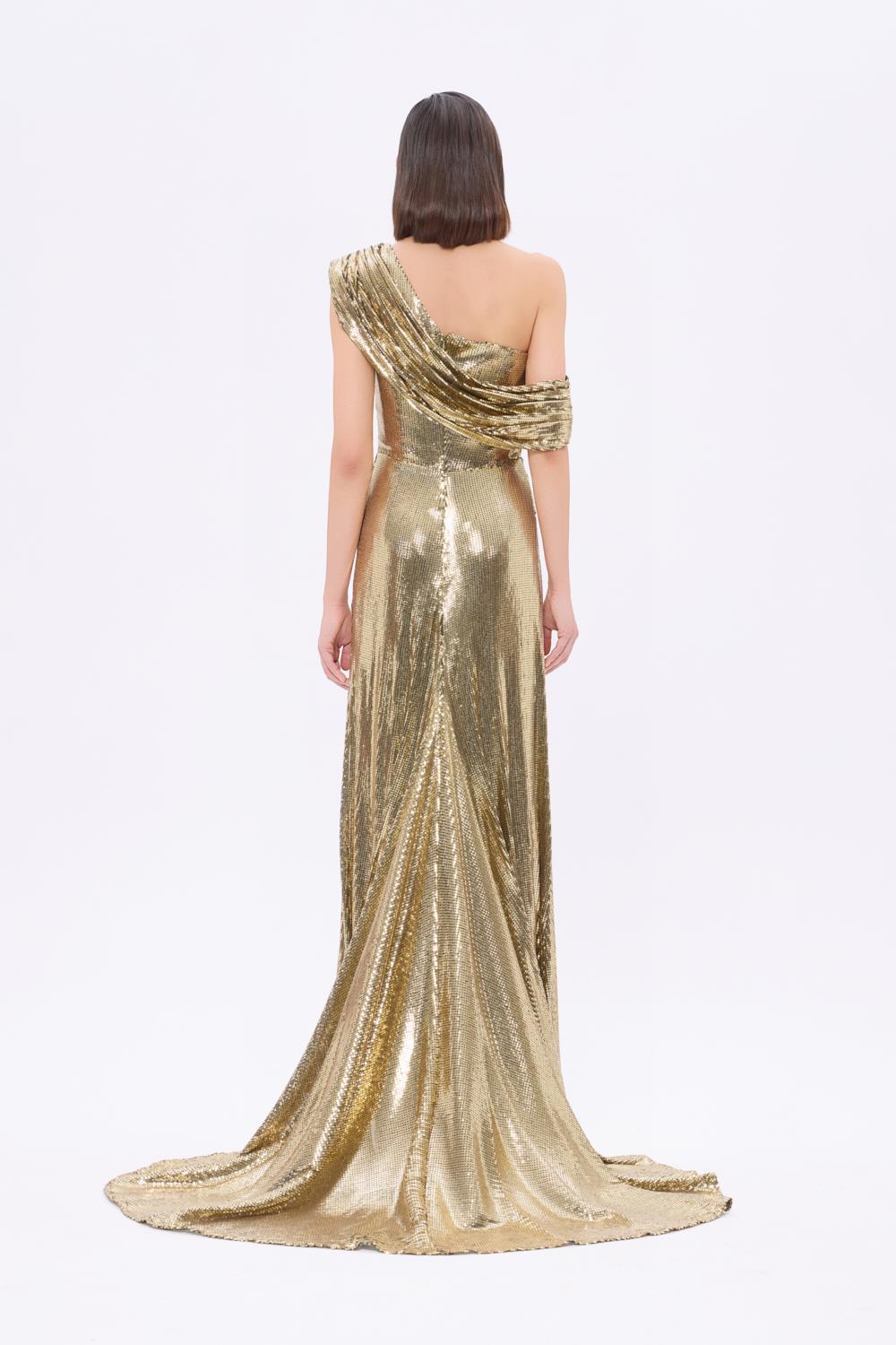Asimetrik Yaka Payetli Uzun Abiye Elbise - 9305C - Yeşil Gold