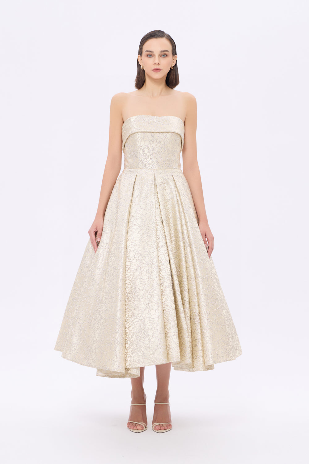 Prenses Kesim Straplez Yaka Midi Abiye Elbise - 9287C - GOLD
