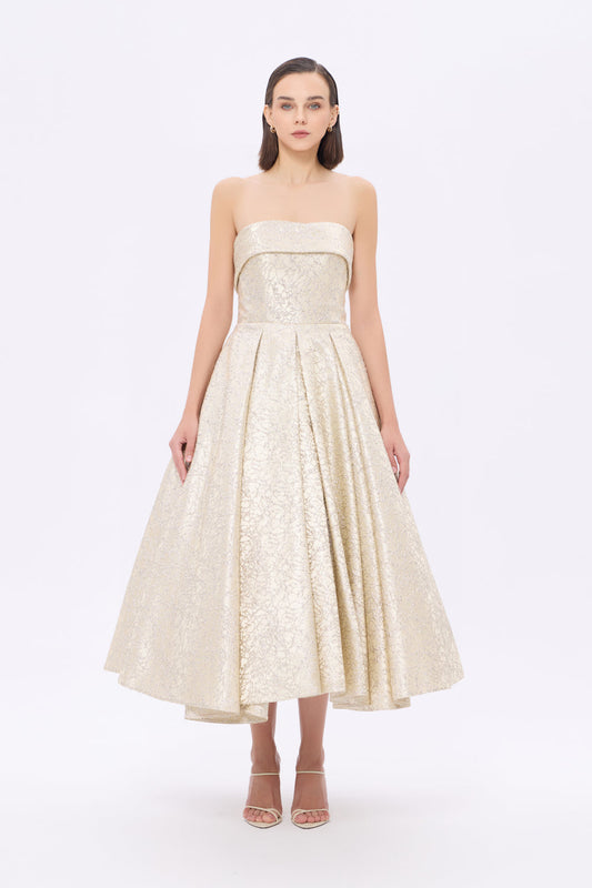 Prenses Kesim Straplez Yaka Midi Abiye Elbise - 9287C - GOLD