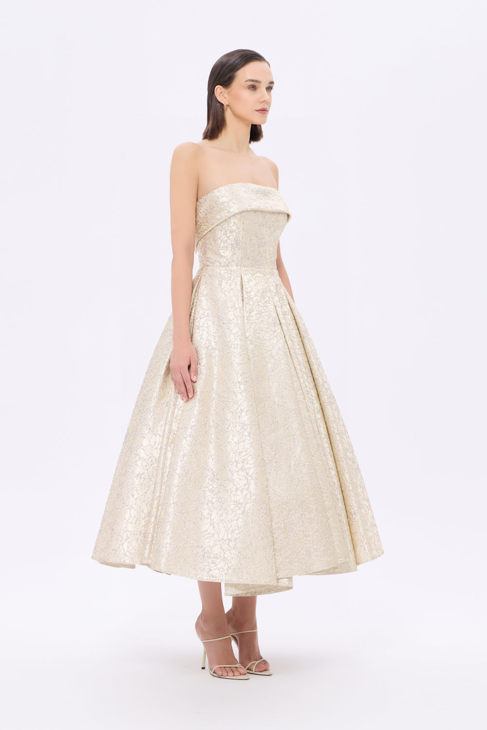 Prenses Kesim Straplez Yaka Midi Abiye Elbise - 9287C - GOLD