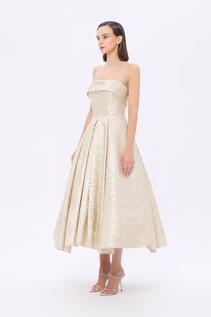Prenses Kesim Straplez Yaka Midi Abiye Elbise - 9287C - GOLD