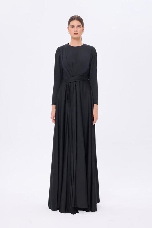 Bel Drape Detaylı Uzun Kollu Uzun Abiye Elbise - 9208C - SİYAH