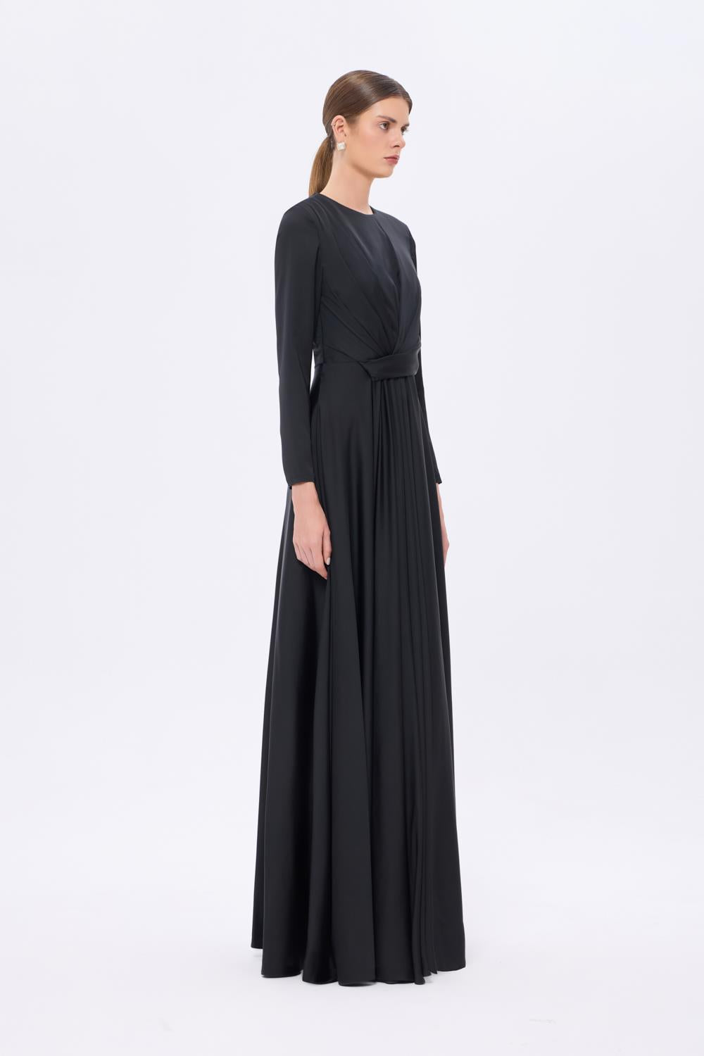 Bel Drape Detaylı Uzun Kollu Uzun Abiye Elbise - 9208C - SİYAH