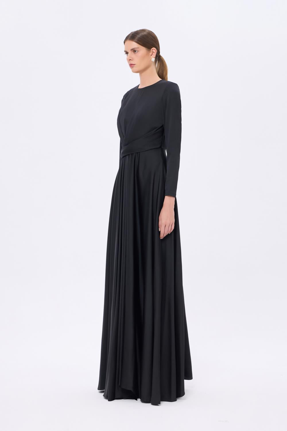 Bel Drape Detaylı Uzun Kollu Uzun Abiye Elbise - 9208C - SİYAH
