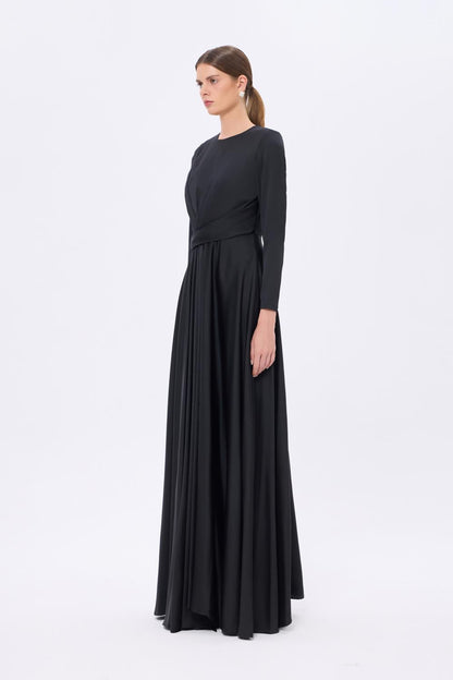 Bel Drape Detaylı Uzun Kollu Uzun Abiye Elbise - 9208C - SİYAH