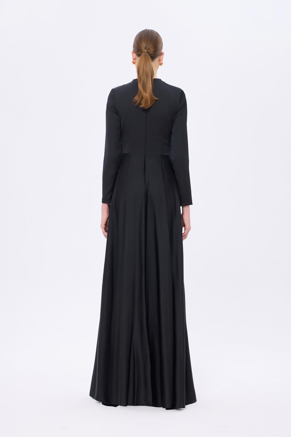 Bel Drape Detaylı Uzun Kollu Uzun Abiye Elbise - 9208C - SİYAH