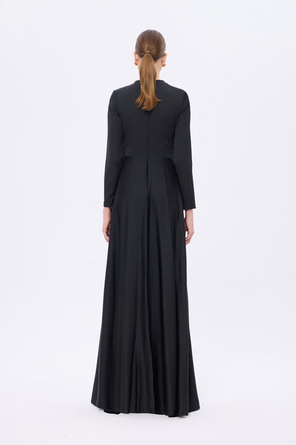 Bel Drape Detaylı Uzun Kollu Uzun Abiye Elbise - 9208C - SİYAH
