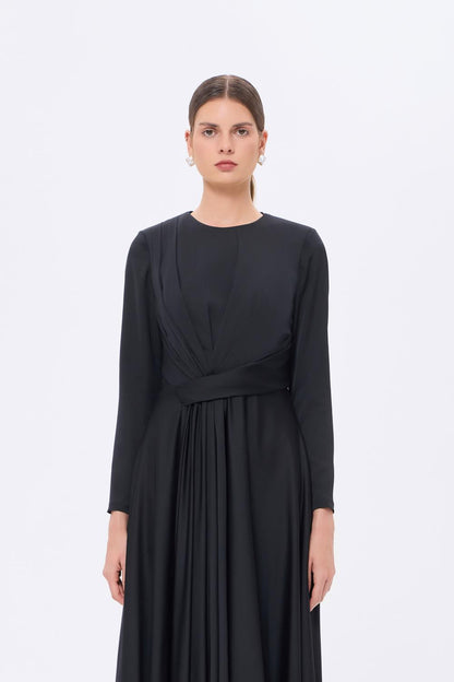 Bel Drape Detaylı Uzun Kollu Uzun Abiye Elbise - 9208C - SİYAH