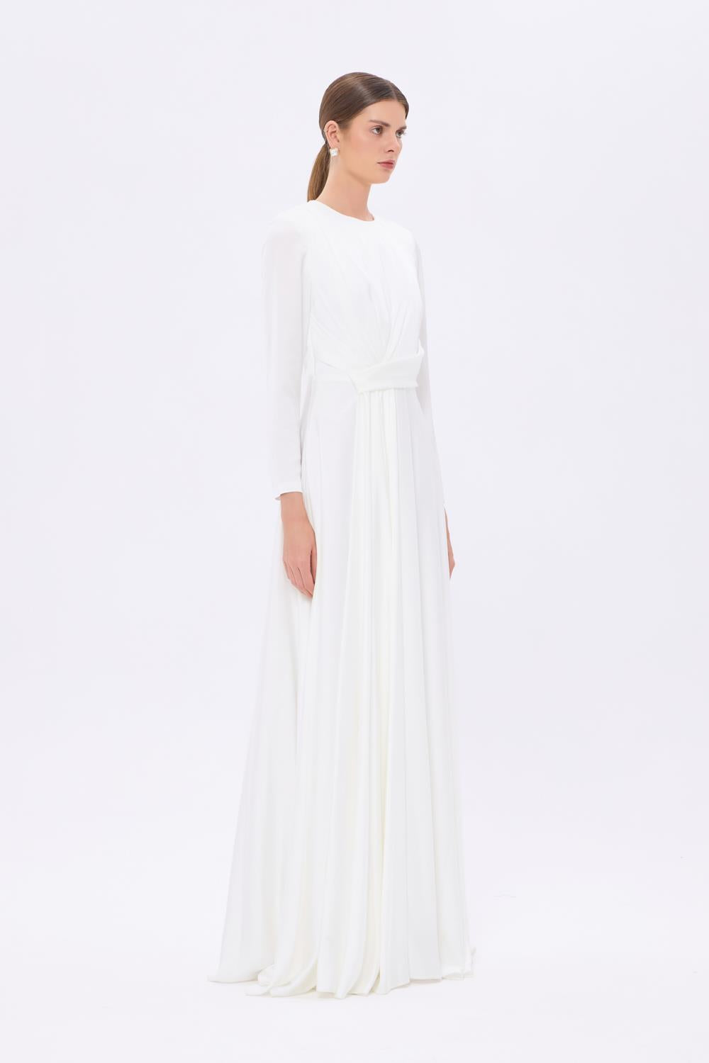 Bel Drape Detaylı Uzun Kollu Uzun Abiye Elbise - 9208C - BEYAZ