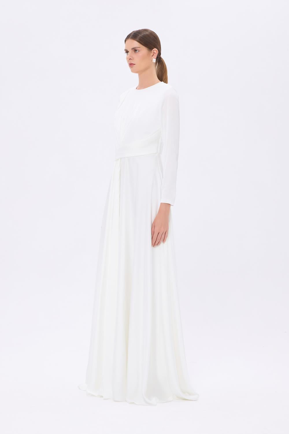 Bel Drape Detaylı Uzun Kollu Uzun Abiye Elbise - 9208C - BEYAZ