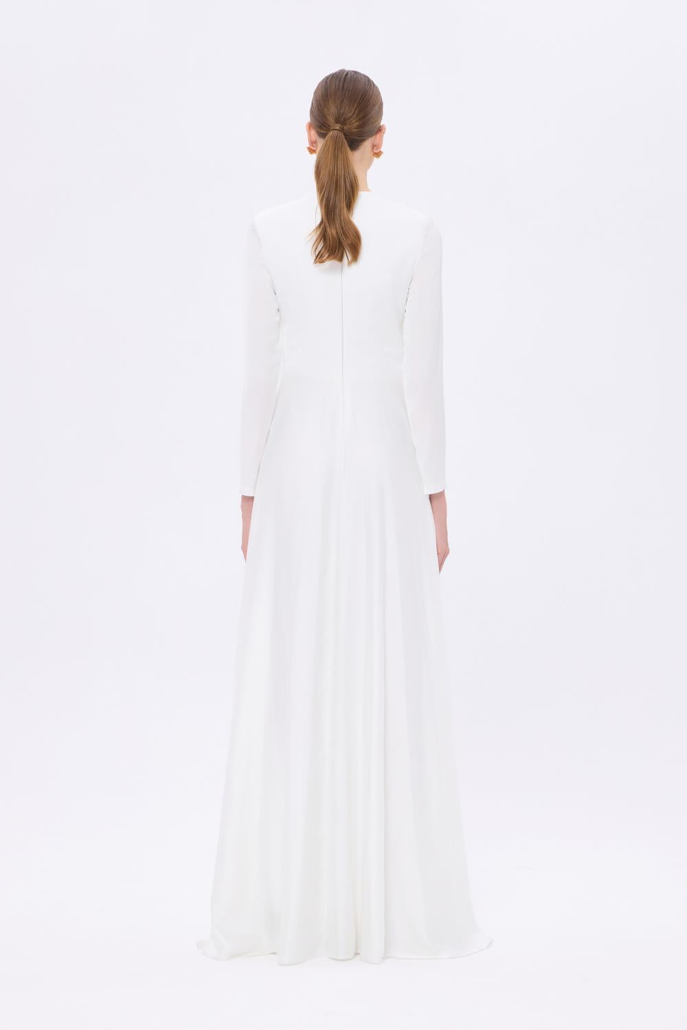 Bel Drape Detaylı Uzun Kollu Uzun Abiye Elbise - 9208C - BEYAZ