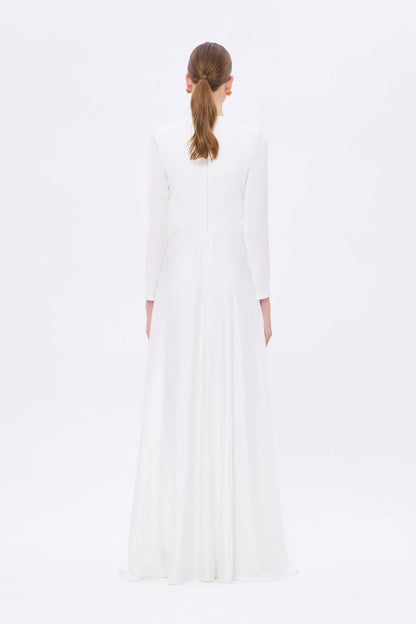 Bel Drape Detaylı Uzun Kollu Uzun Abiye Elbise - 9208C - BEYAZ