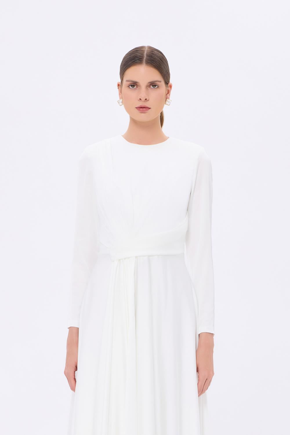 Bel Drape Detaylı Uzun Kollu Uzun Abiye Elbise - 9208C - BEYAZ