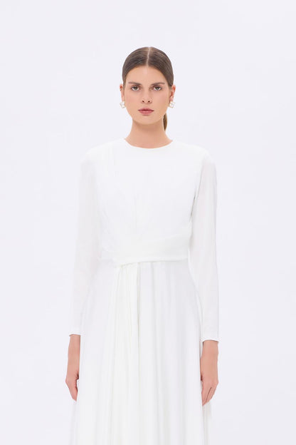 Bel Drape Detaylı Uzun Kollu Uzun Abiye Elbise - 9208C - BEYAZ