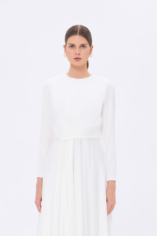 Bel Drape Detaylı Uzun Kollu Uzun Abiye Elbise - 9208C - BEYAZ