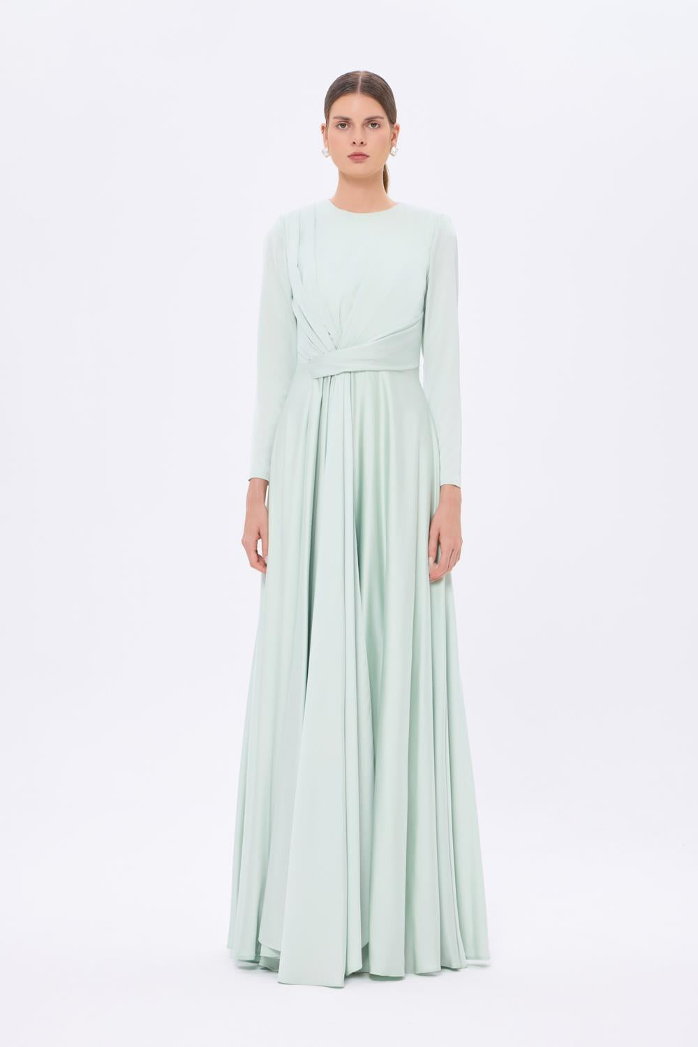 Bel Drape Detaylı Uzun Kollu Uzun Abiye Elbise - 9208C - MİNT