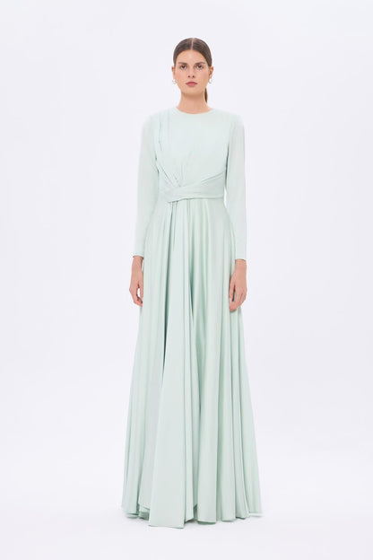 Bel Drape Detaylı Uzun Kollu Uzun Abiye Elbise - 9208C - MİNT