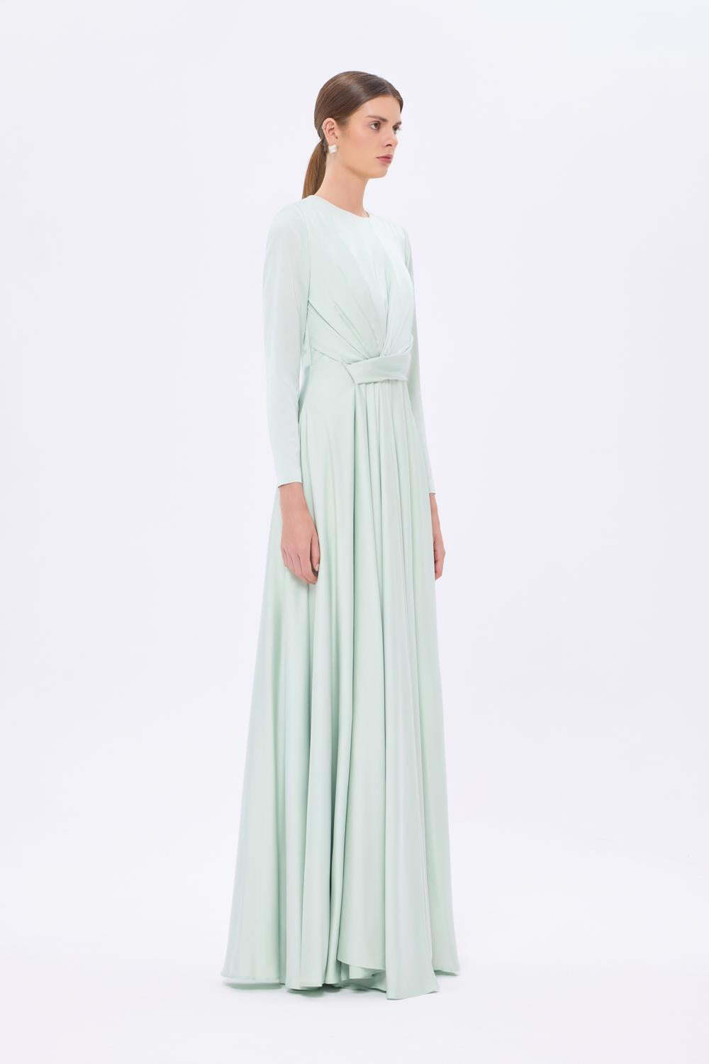 Bel Drape Detaylı Uzun Kollu Uzun Abiye Elbise - 9208C - MİNT