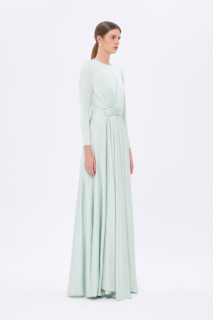 Bel Drape Detaylı Uzun Kollu Uzun Abiye Elbise - 9208C - MİNT