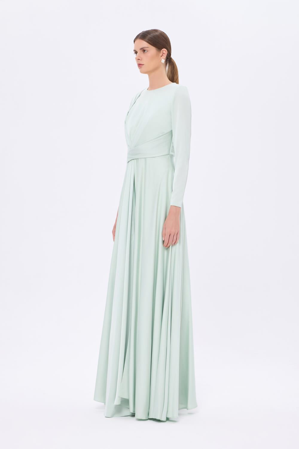 Bel Drape Detaylı Uzun Kollu Uzun Abiye Elbise - 9208C - MİNT