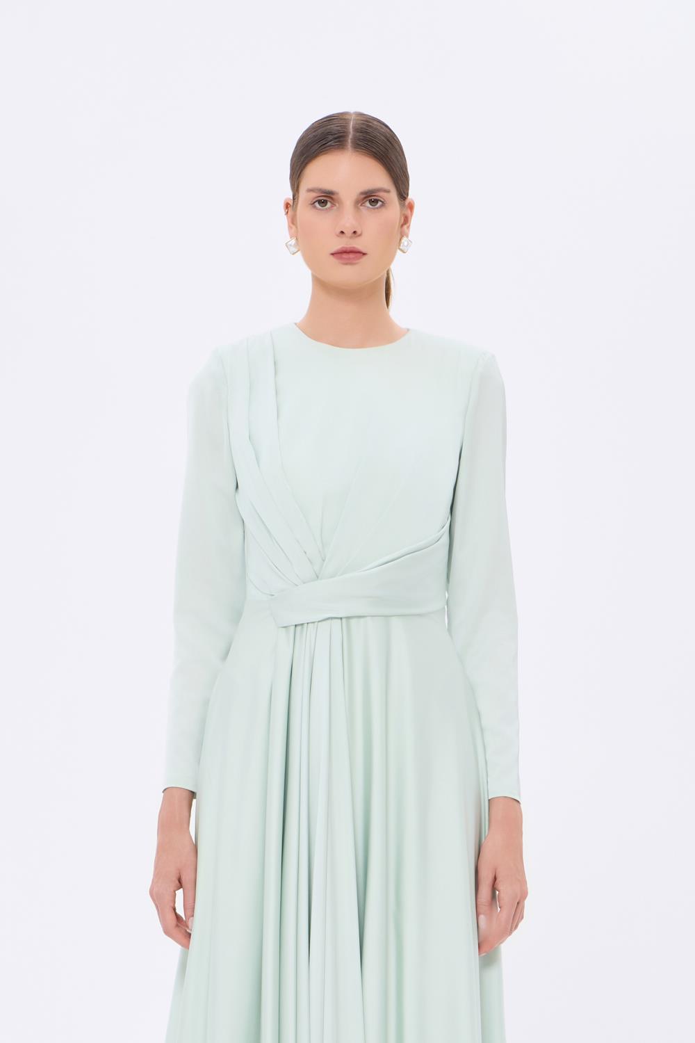 Bel Drape Detaylı Uzun Kollu Uzun Abiye Elbise - 9208C - MİNT