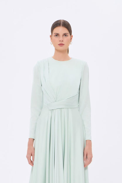 Bel Drape Detaylı Uzun Kollu Uzun Abiye Elbise - 9208C - MİNT