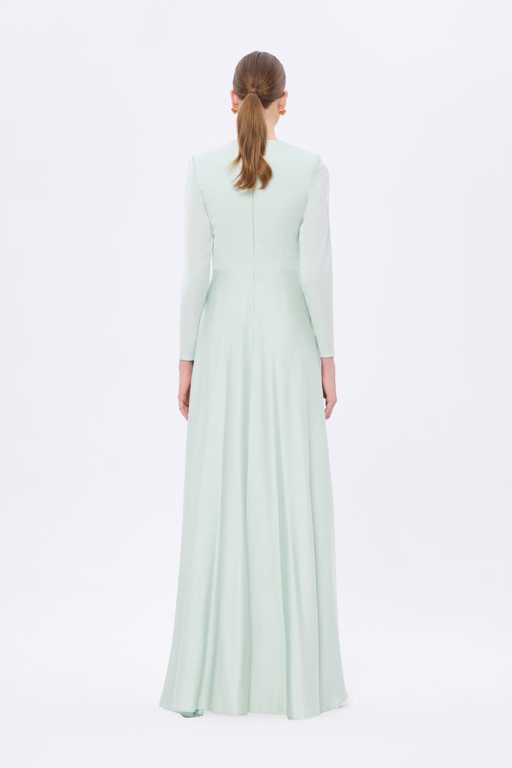Bel Drape Detaylı Uzun Kollu Uzun Abiye Elbise - 9208C - MİNT