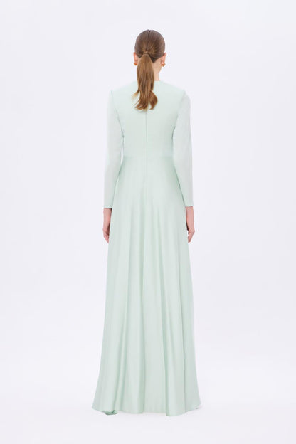 Bel Drape Detaylı Uzun Kollu Uzun Abiye Elbise - 9208C - MİNT