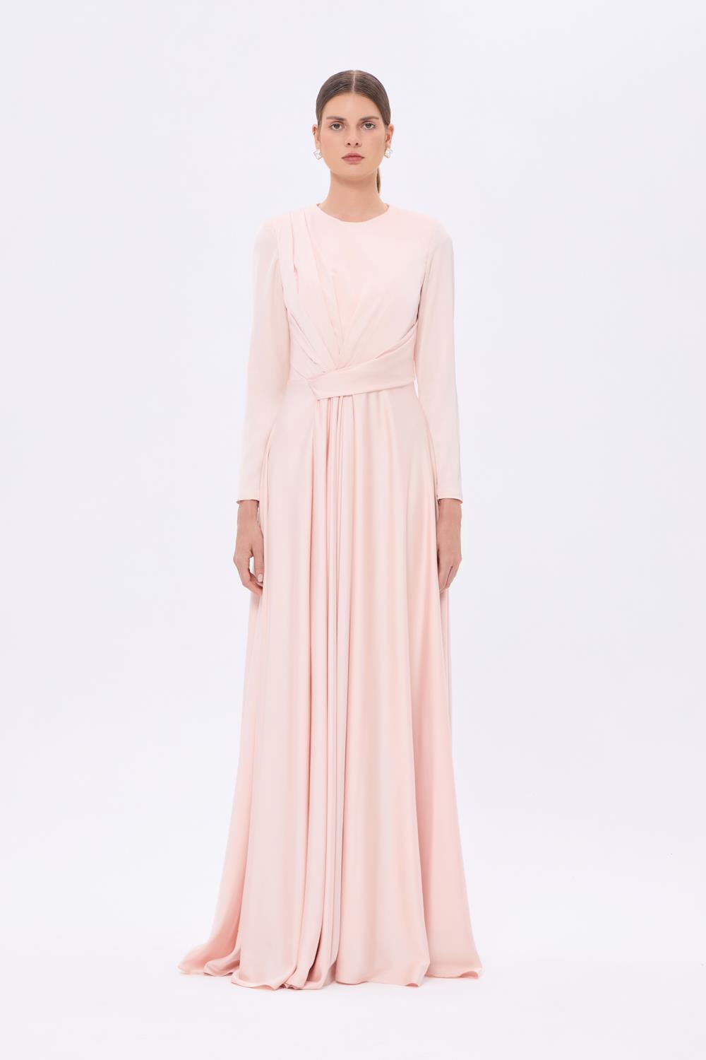 Bel Drape Detaylı Uzun Kollu Uzun Abiye Elbise - 9208C - PUDRA