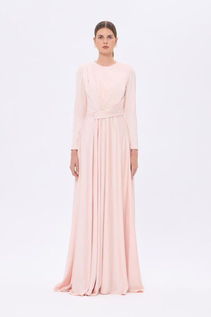 Bel Drape Detaylı Uzun Kollu Uzun Abiye Elbise - 9208C - PUDRA