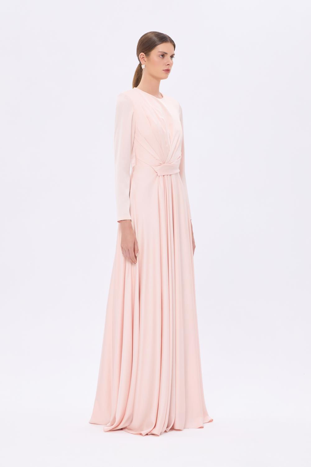 Bel Drape Detaylı Uzun Kollu Uzun Abiye Elbise - 9208C - PUDRA
