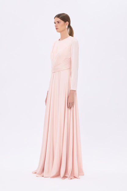 Bel Drape Detaylı Uzun Kollu Uzun Abiye Elbise - 9208C - PUDRA