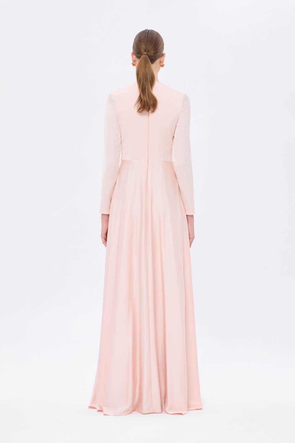 Bel Drape Detaylı Uzun Kollu Uzun Abiye Elbise - 9208C - PUDRA