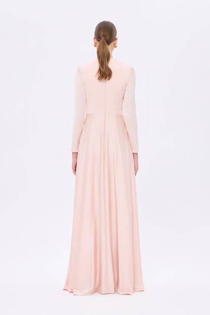 Bel Drape Detaylı Uzun Kollu Uzun Abiye Elbise - 9208C - PUDRA
