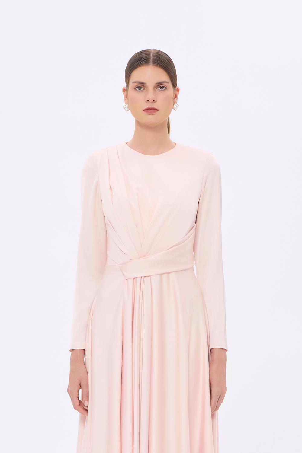 Bel Drape Detaylı Uzun Kollu Uzun Abiye Elbise - 9208C - PUDRA