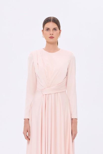 Bel Drape Detaylı Uzun Kollu Uzun Abiye Elbise - 9208C - PUDRA