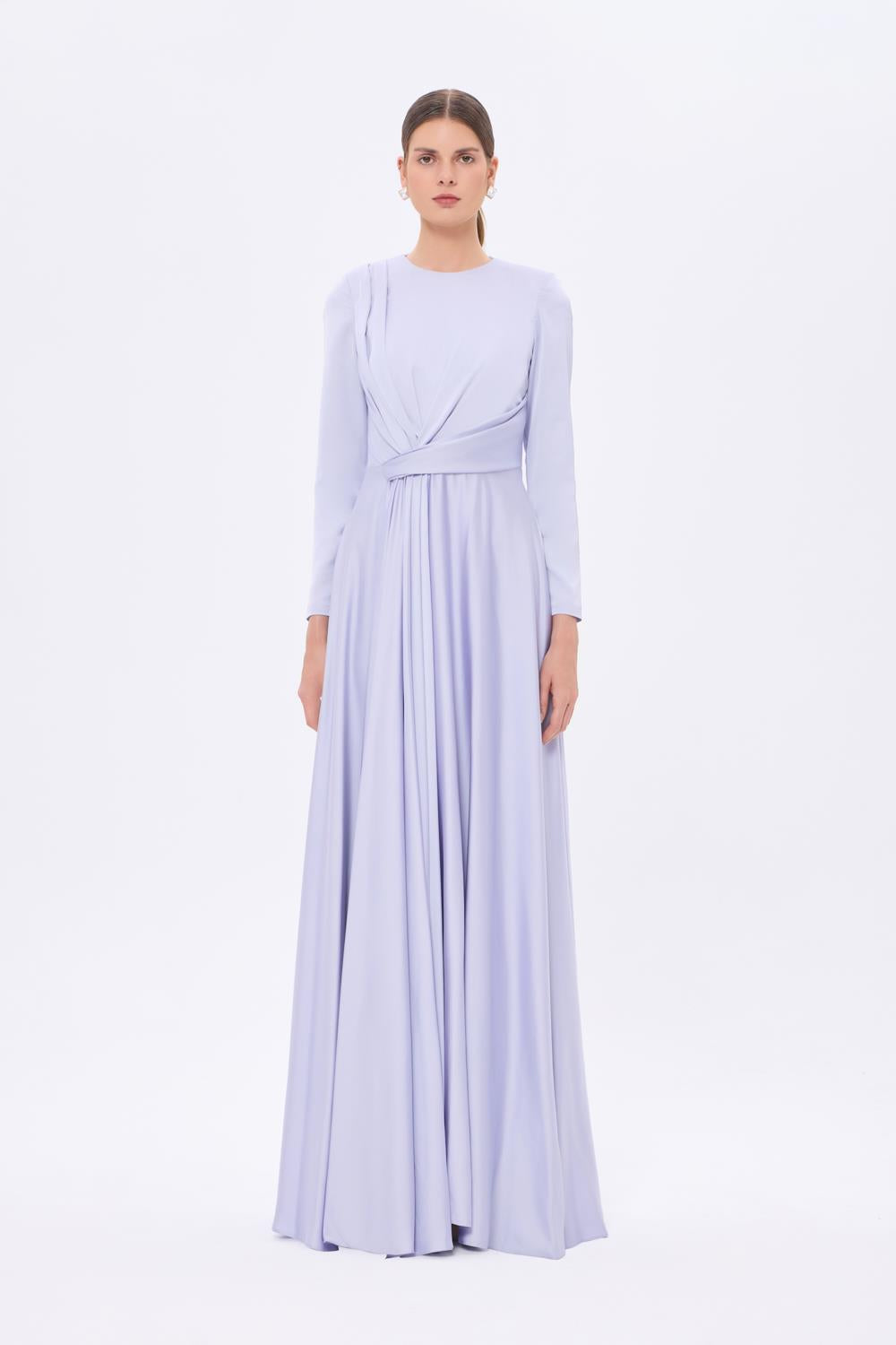 Bel Drape Detaylı Uzun Kollu Uzun Abiye Elbise - 9208C - LAVANTA