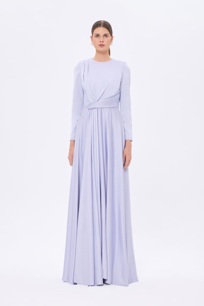 Bel Drape Detaylı Uzun Kollu Uzun Abiye Elbise - 9208C - LAVANTA