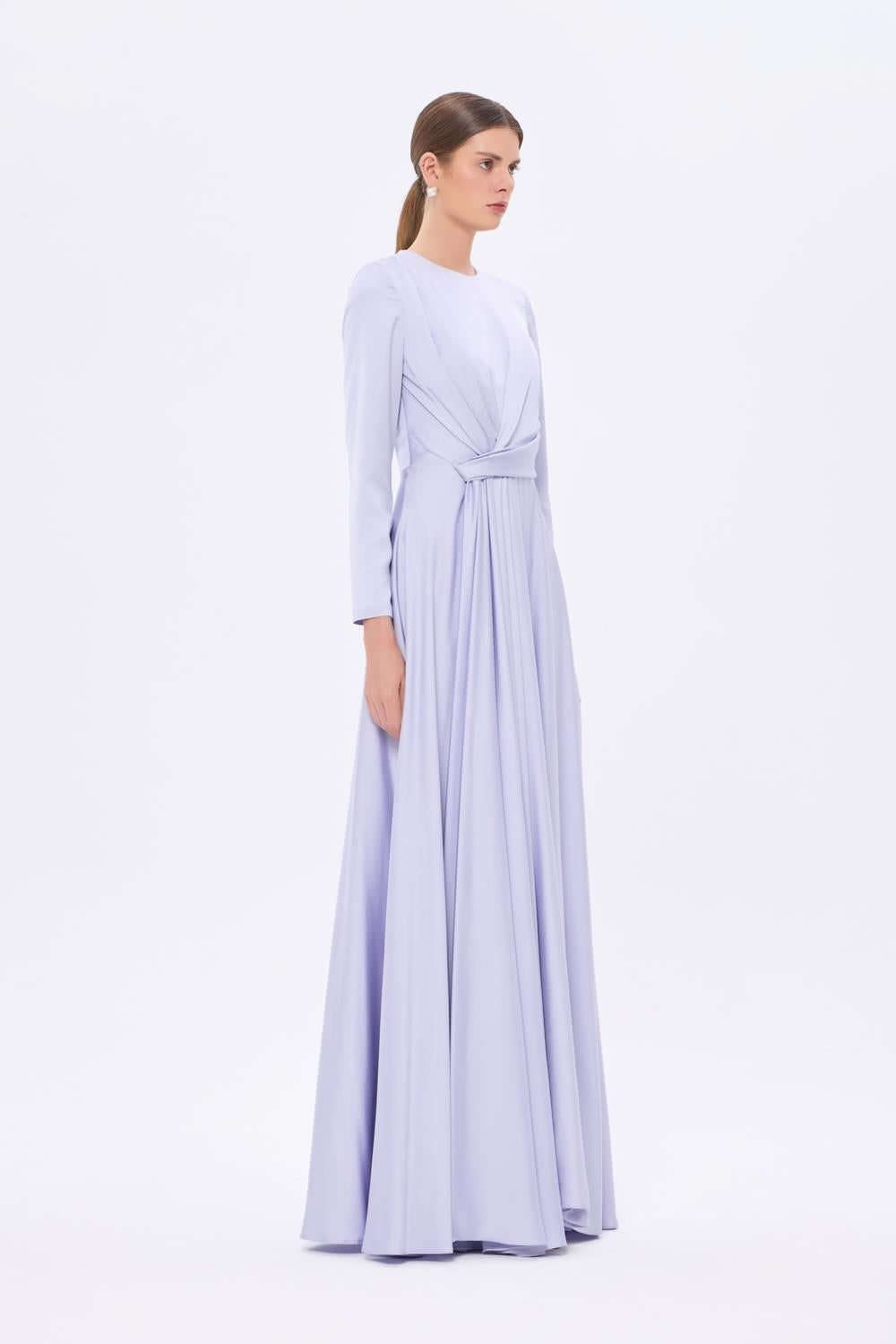 Bel Drape Detaylı Uzun Kollu Uzun Abiye Elbise - 9208C - LAVANTA