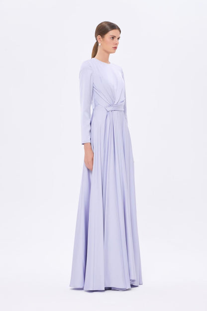 Bel Drape Detaylı Uzun Kollu Uzun Abiye Elbise - 9208C - LAVANTA
