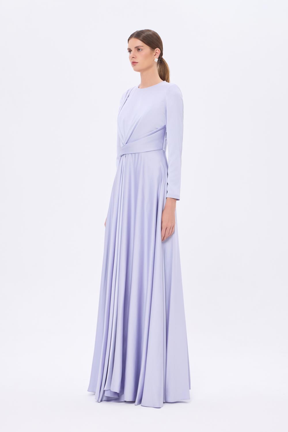 Bel Drape Detaylı Uzun Kollu Uzun Abiye Elbise - 9208C - LAVANTA