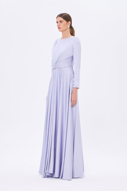 Bel Drape Detaylı Uzun Kollu Uzun Abiye Elbise - 9208C - LAVANTA