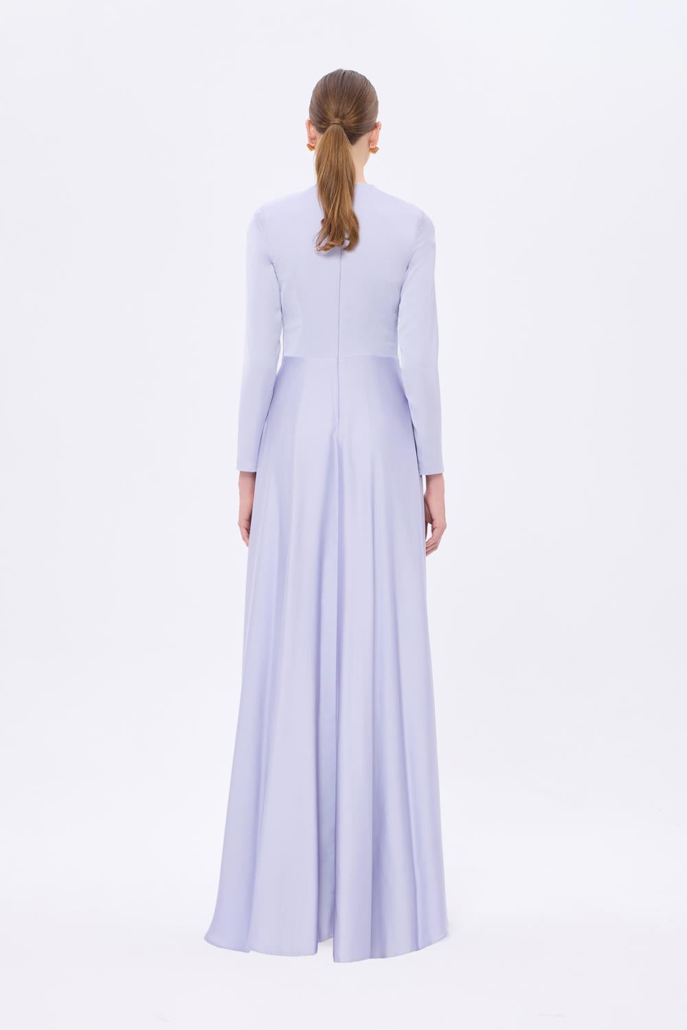 Bel Drape Detaylı Uzun Kollu Uzun Abiye Elbise - 9208C - LAVANTA