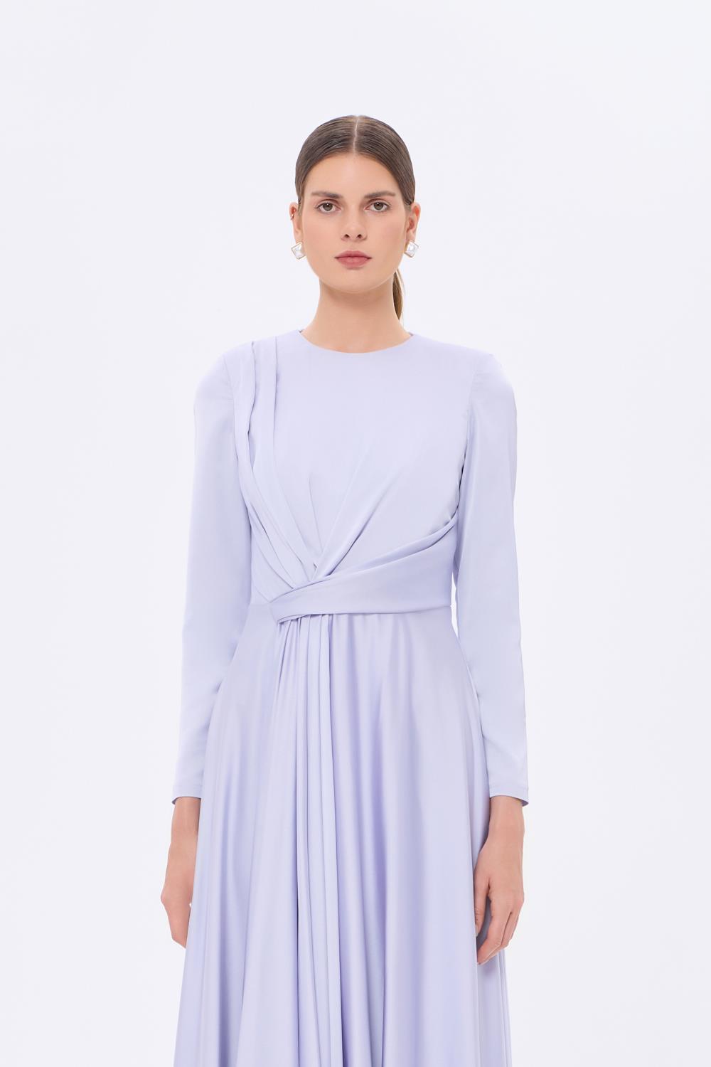 Bel Drape Detaylı Uzun Kollu Uzun Abiye Elbise - 9208C - LAVANTA